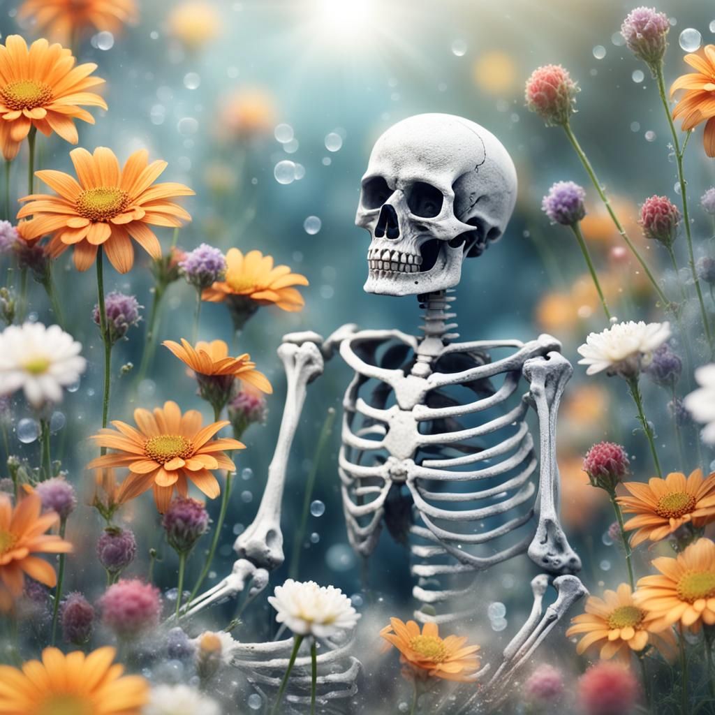 Dew-Kissed Skeleton Surrounded by Flowers in Divine Light
