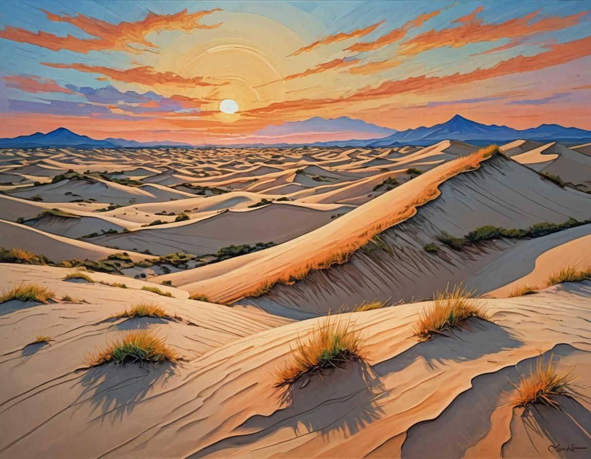 Sand Dunes at Dawn in Neo-Impressionistic Style