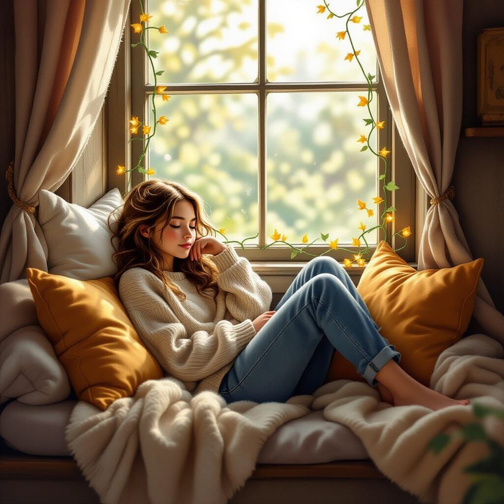 Sleepy Teen in Cozy Window Seat, Fantasy Art
