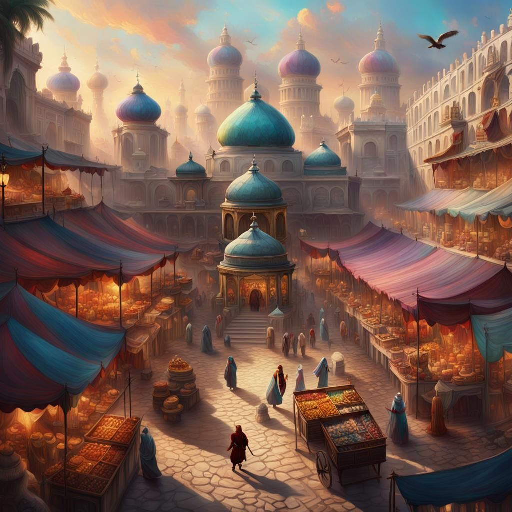 Epic Market Scene with Exotic Goods and Palace