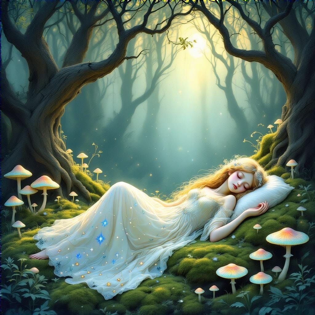 Whimsical Twilight Forest Glade with Glowing Mushrooms and S...