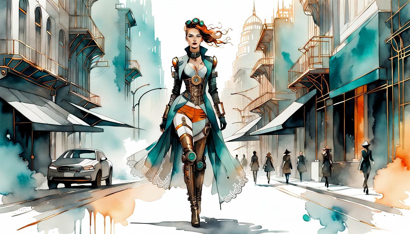 Steampunk Cyborg in Futuristic City: Minimalist Fashion Sket...