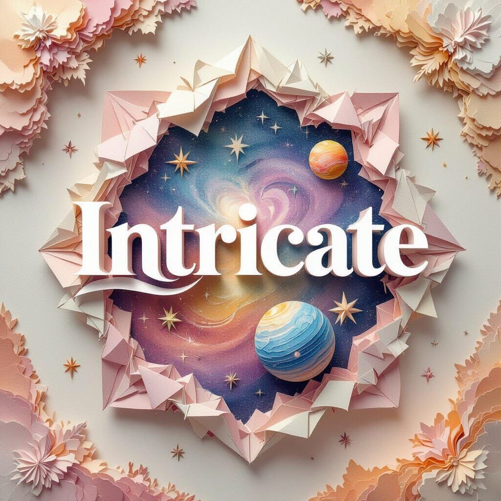 Text that says "INTRICATE" in  3D bold modern serif science fiction font, in 3d papercut, crafted entirely from delicate...