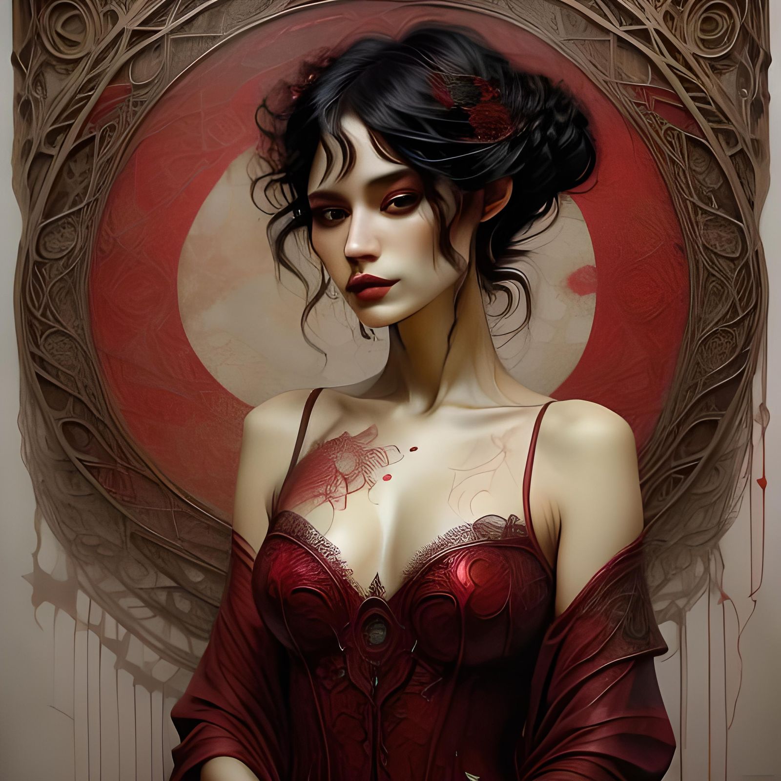 Opulent Red Portrait in Ink Style