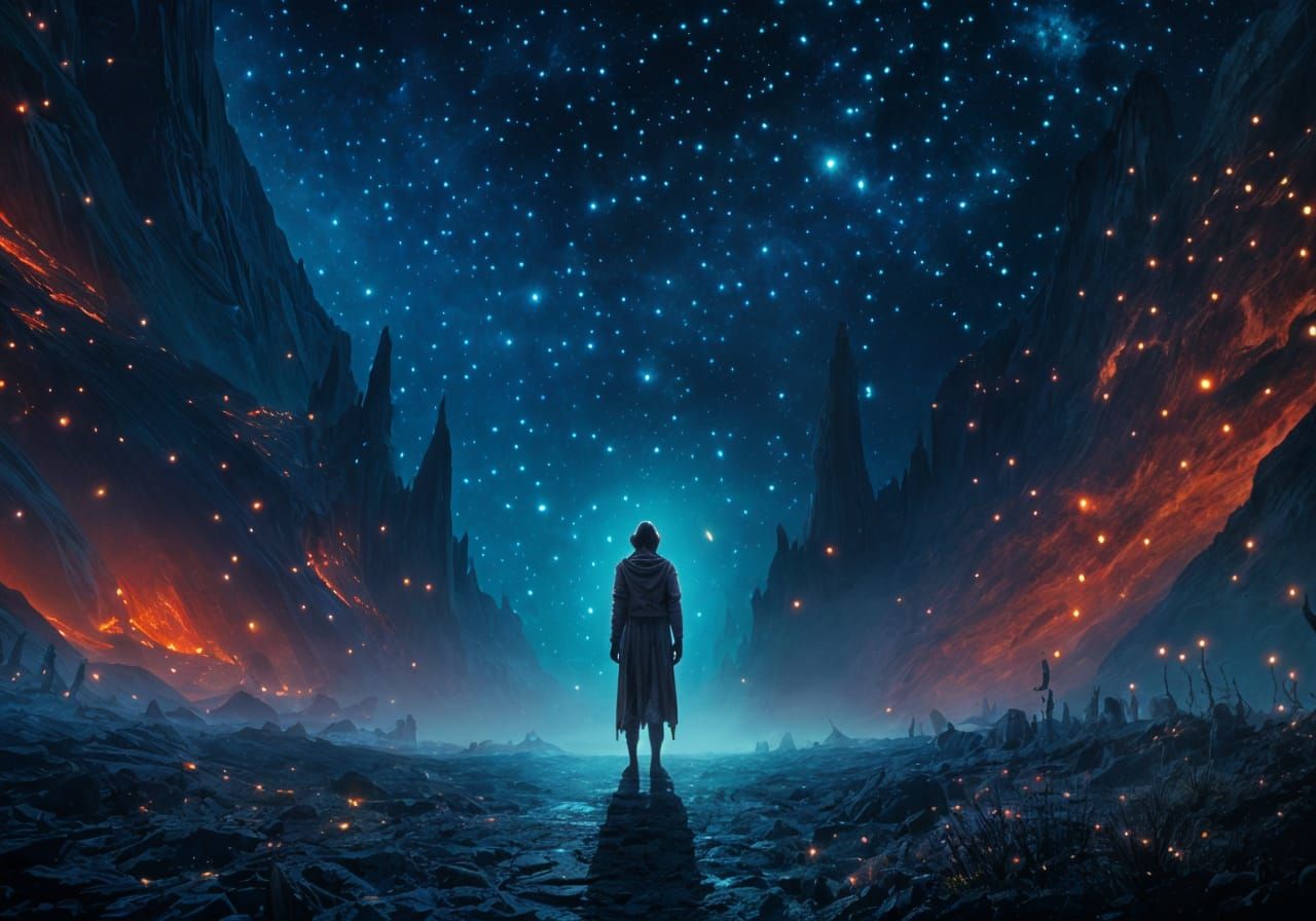 Solitary Figure at Universe's Edge in Retrofuturism Style