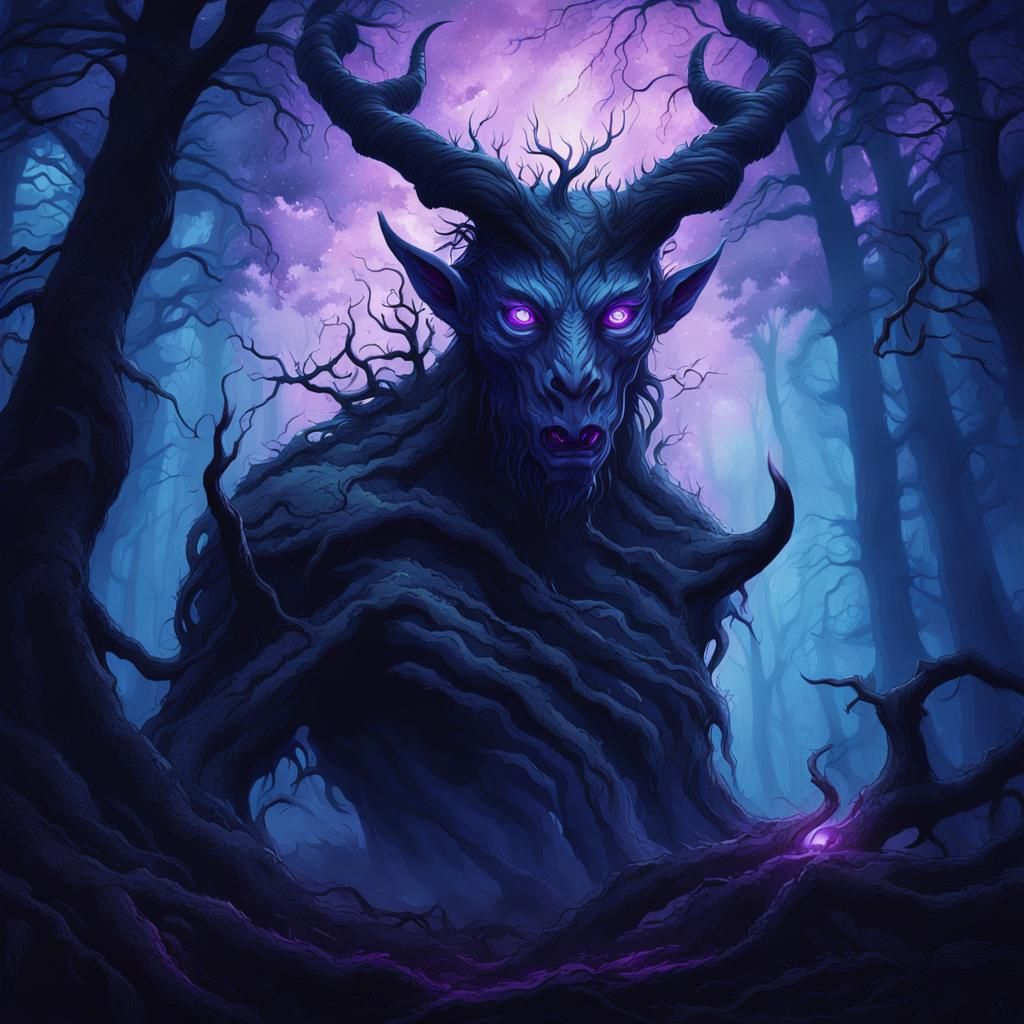 Horned Creature Emerges from Dark Forest