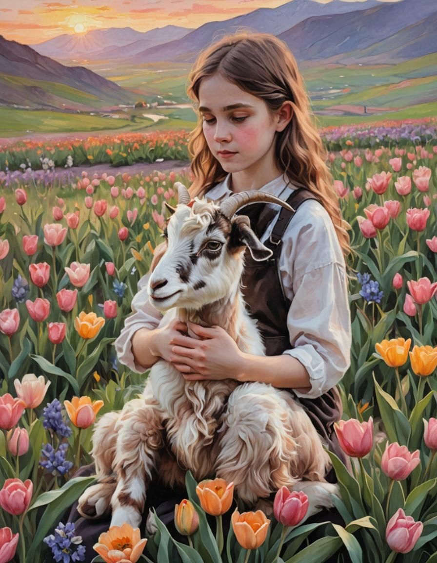 Fae Child with Goat in Impressionistic Sunset Field