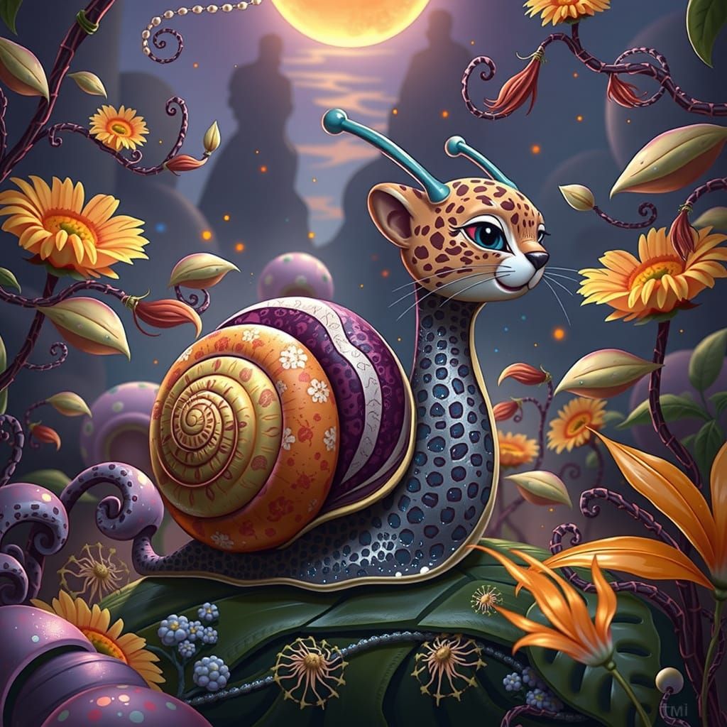 Whimsical Cheetah-Snail Emerges in Vibrant Garden Scene
