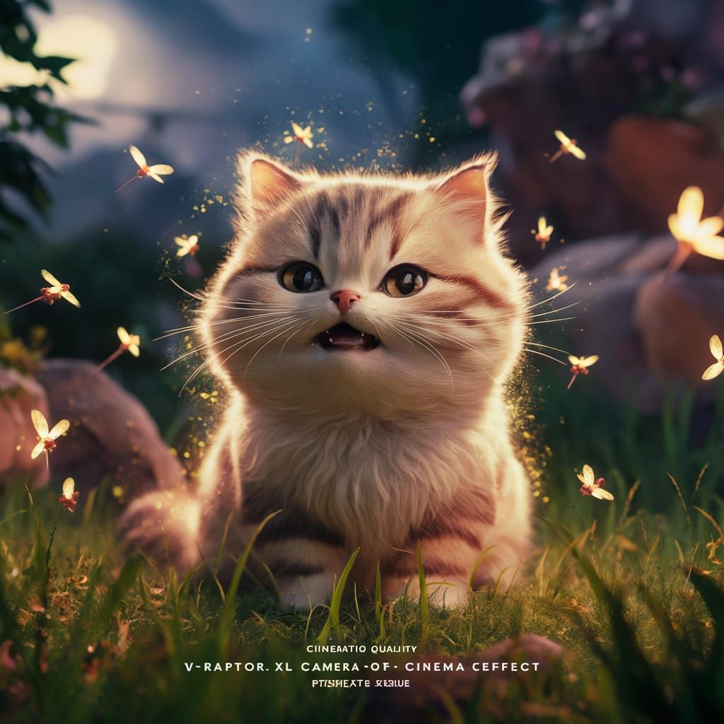 Magical Cat with Fireflies in Pixar-Inspired Scene