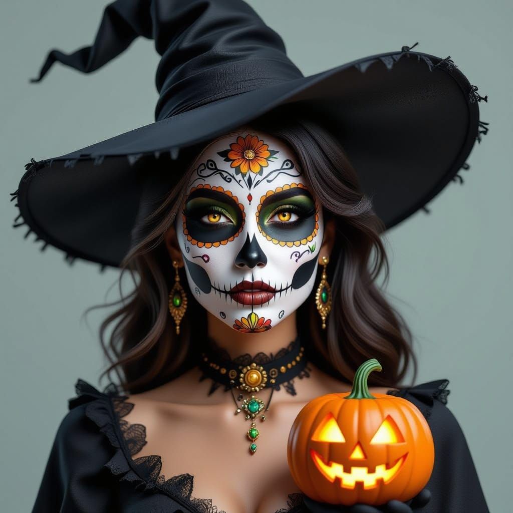 Hyper-Realistic Witch with Sugar Skull Makeup
