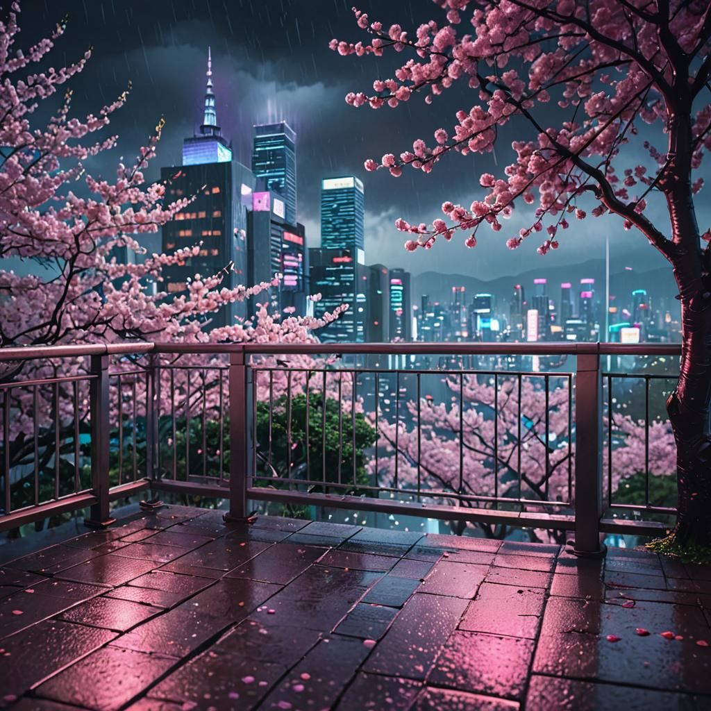 Neon Cityscape View from Sakura Balcony