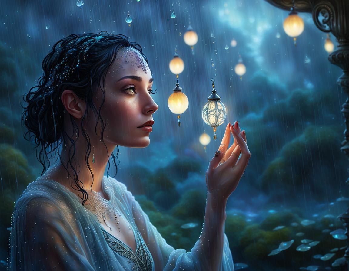Mystical Realm: Woman in Rain with Glowing Orbs
