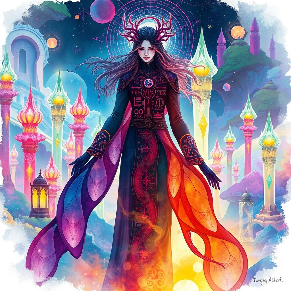 Mystical Math Figure in Watercolor Landscape