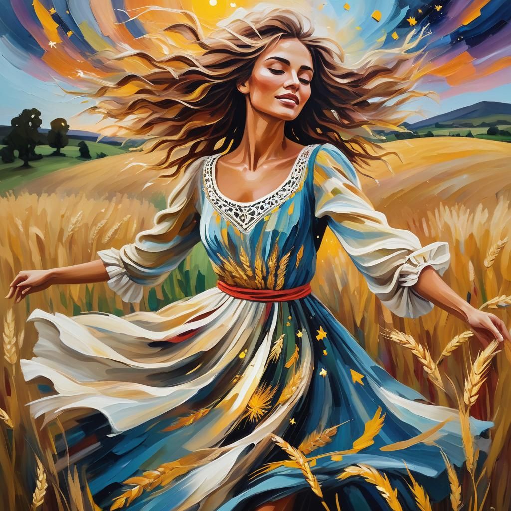 Girl Dancing in Wheat Field as Impasto Oil Painting