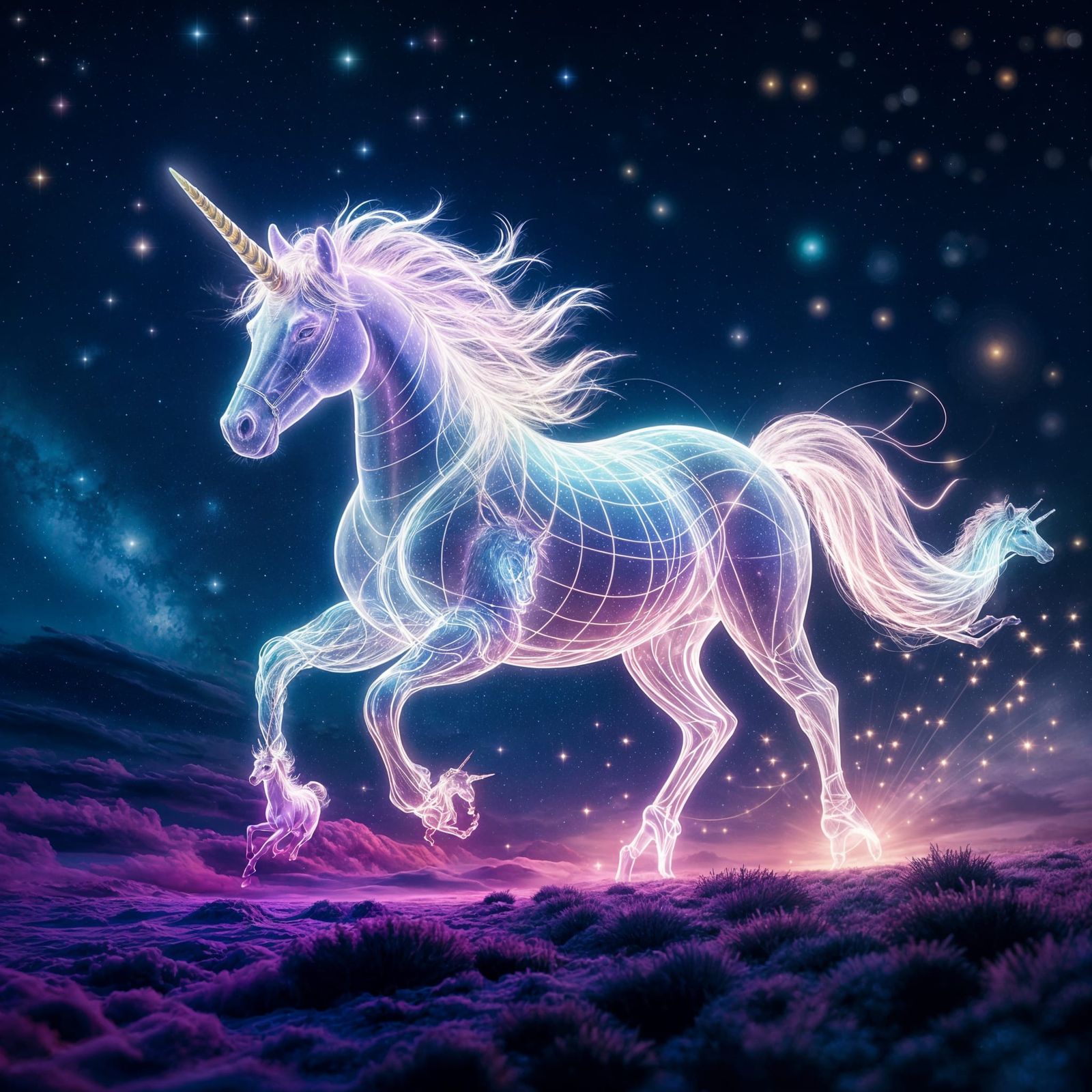 Majestic Unicorn Galloping Through Vibrant Cosmic Light