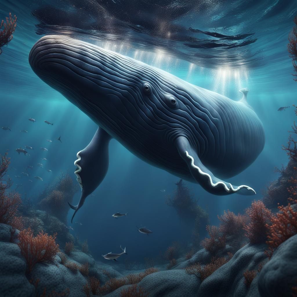 Whale Swimming in Ocean Depths: Detailed Digital Painting
