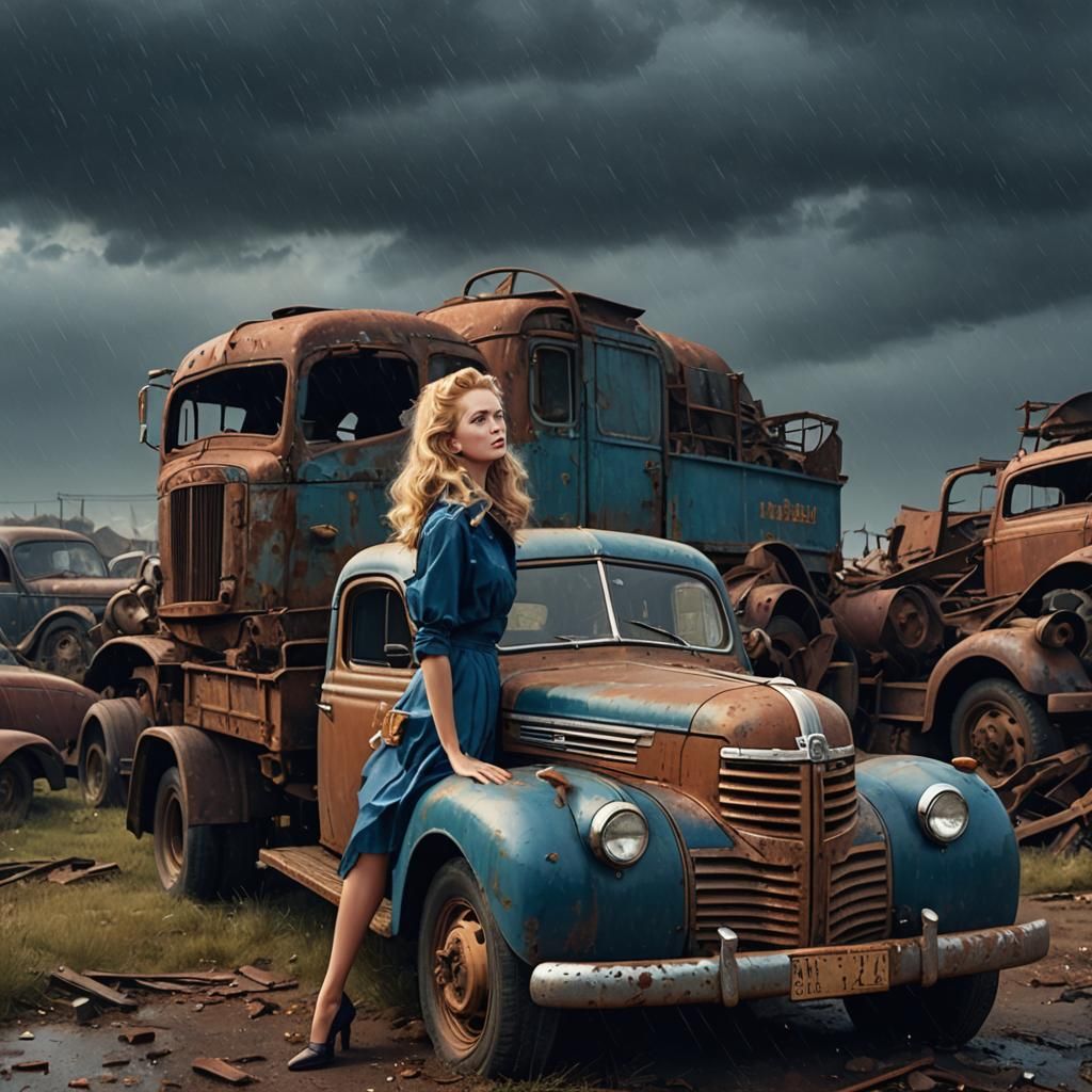 Vintage Truck With Woman in Rain, Fantasy Art