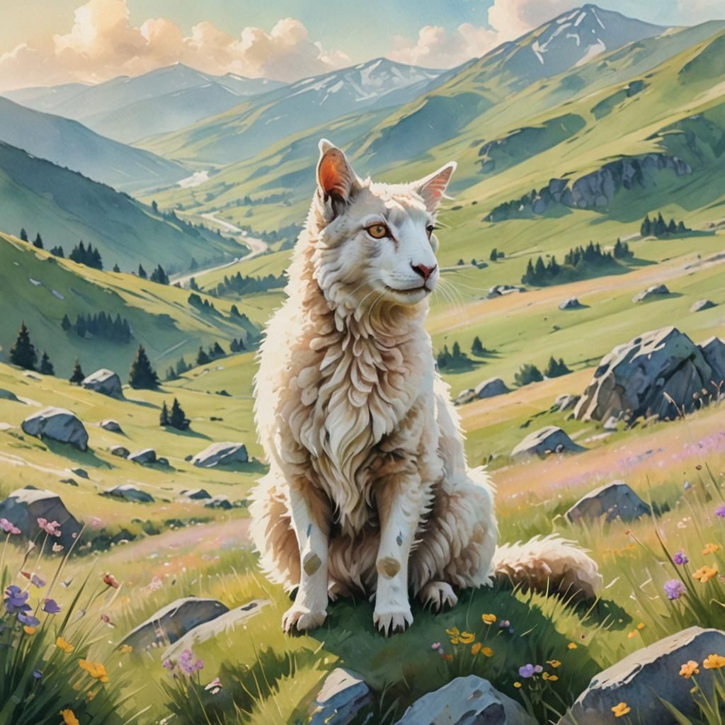 Sheep-Cat Hybrid in Mountain Meadow: Digital Watercolor