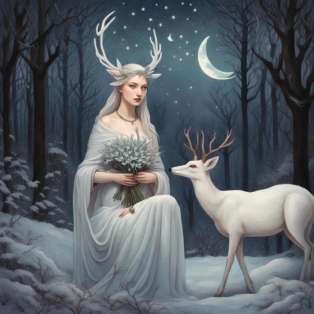 Slavic Goddess Marzanna in Winter Forest