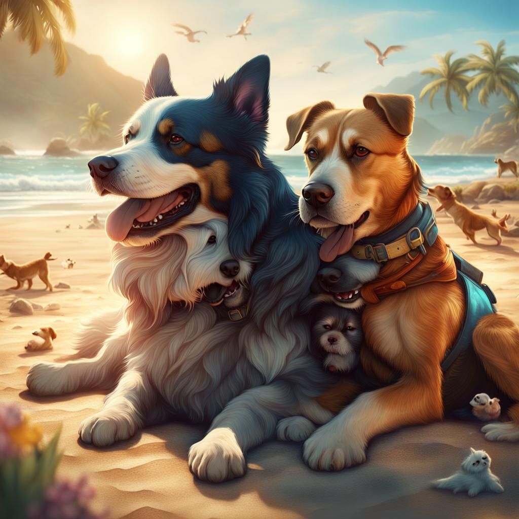 Dogs Hugging on Beach, Detailed Matte Painting