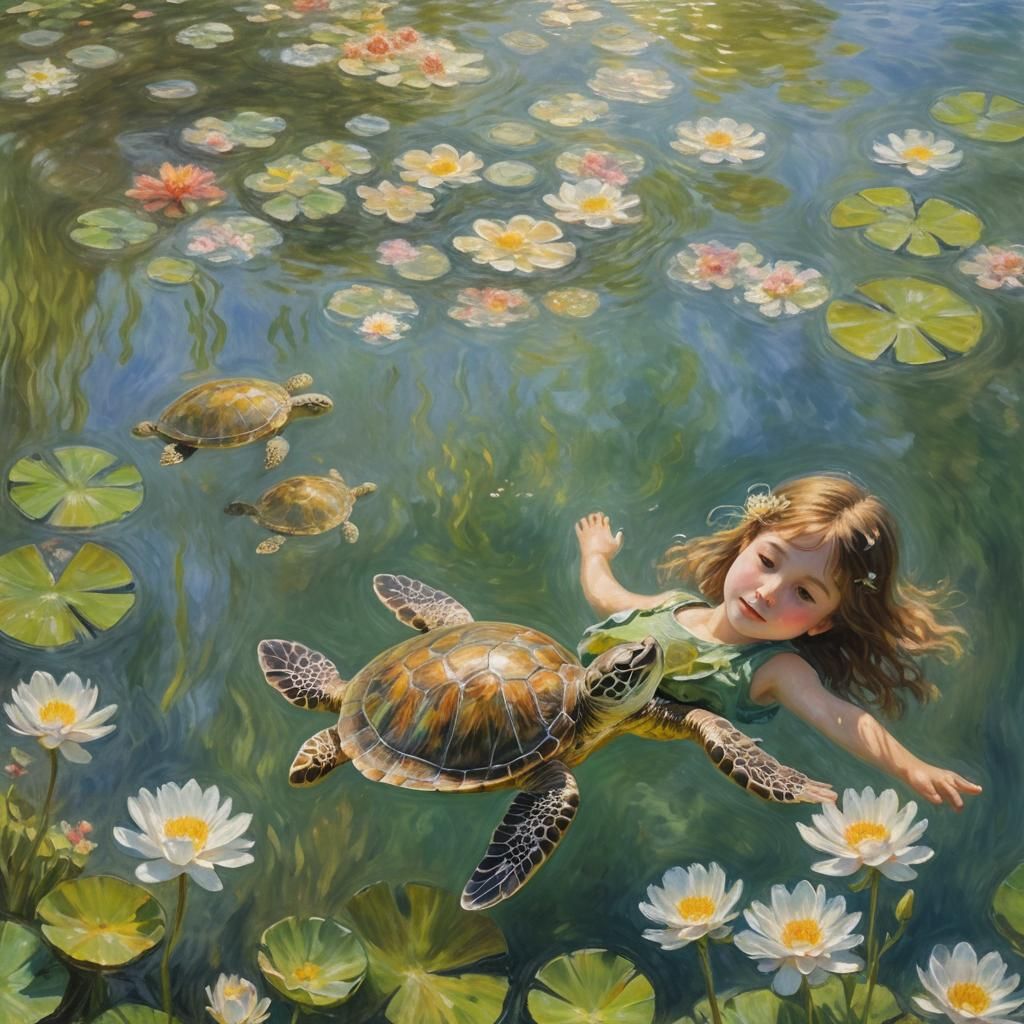 Girl and Turtle in Impressionist Light