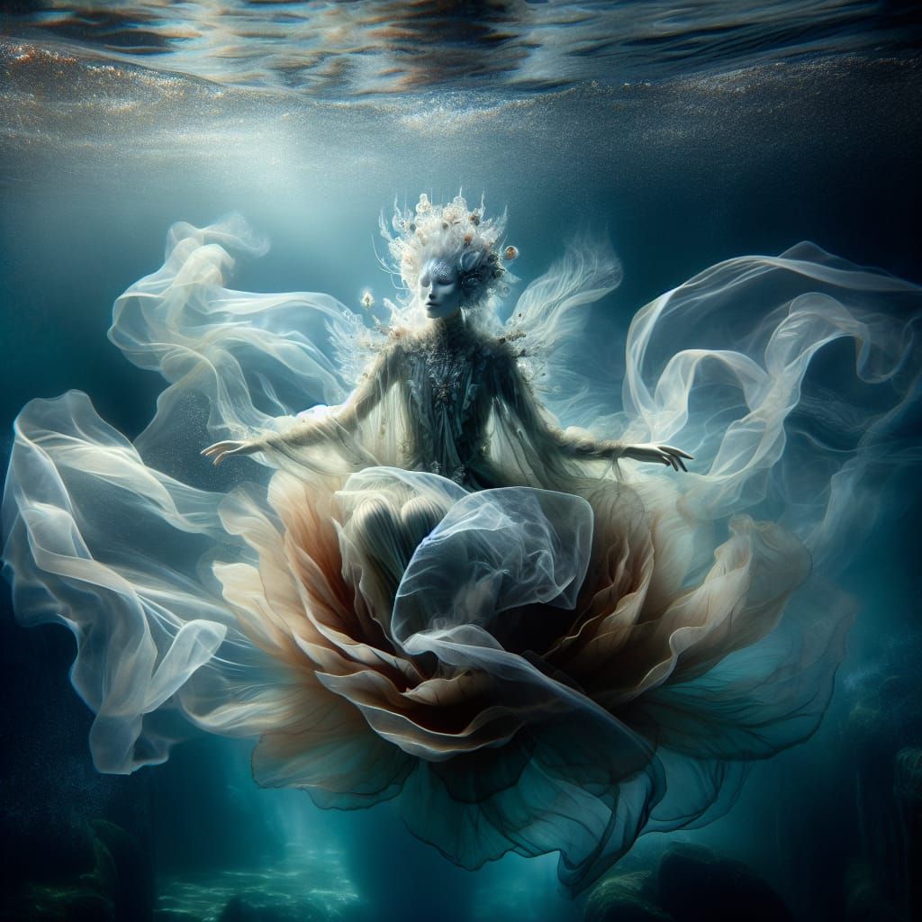 Ethereal Underwater Figure in Flowing Fabric
