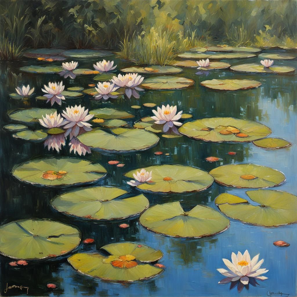 Lush Lily Pads and Flowers Oil Painting