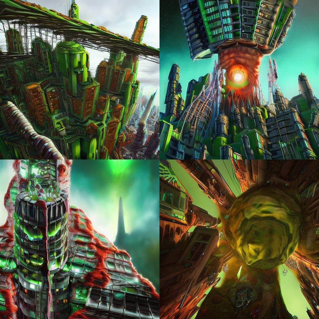 Ruined Seattle Skyline with Green Crystal Formations