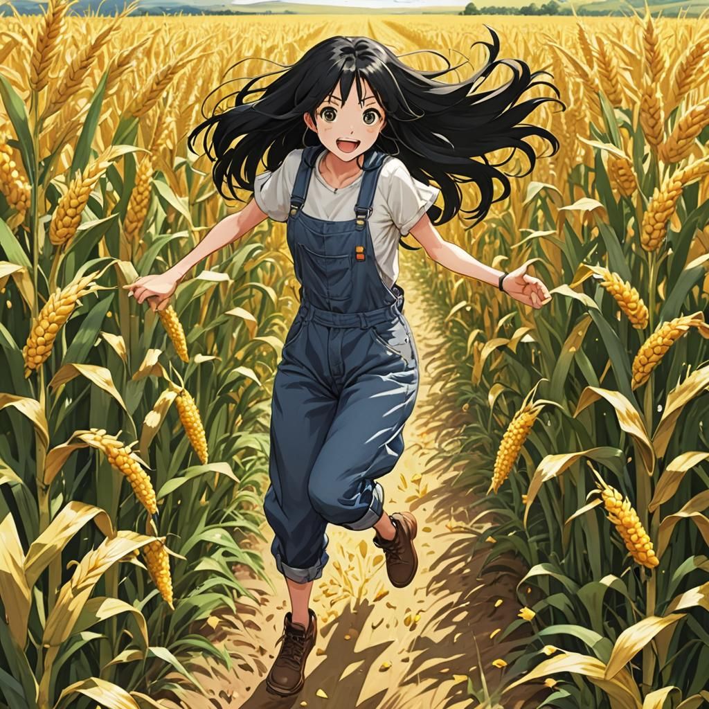 Happy Girl Runs Free in Anime Style
