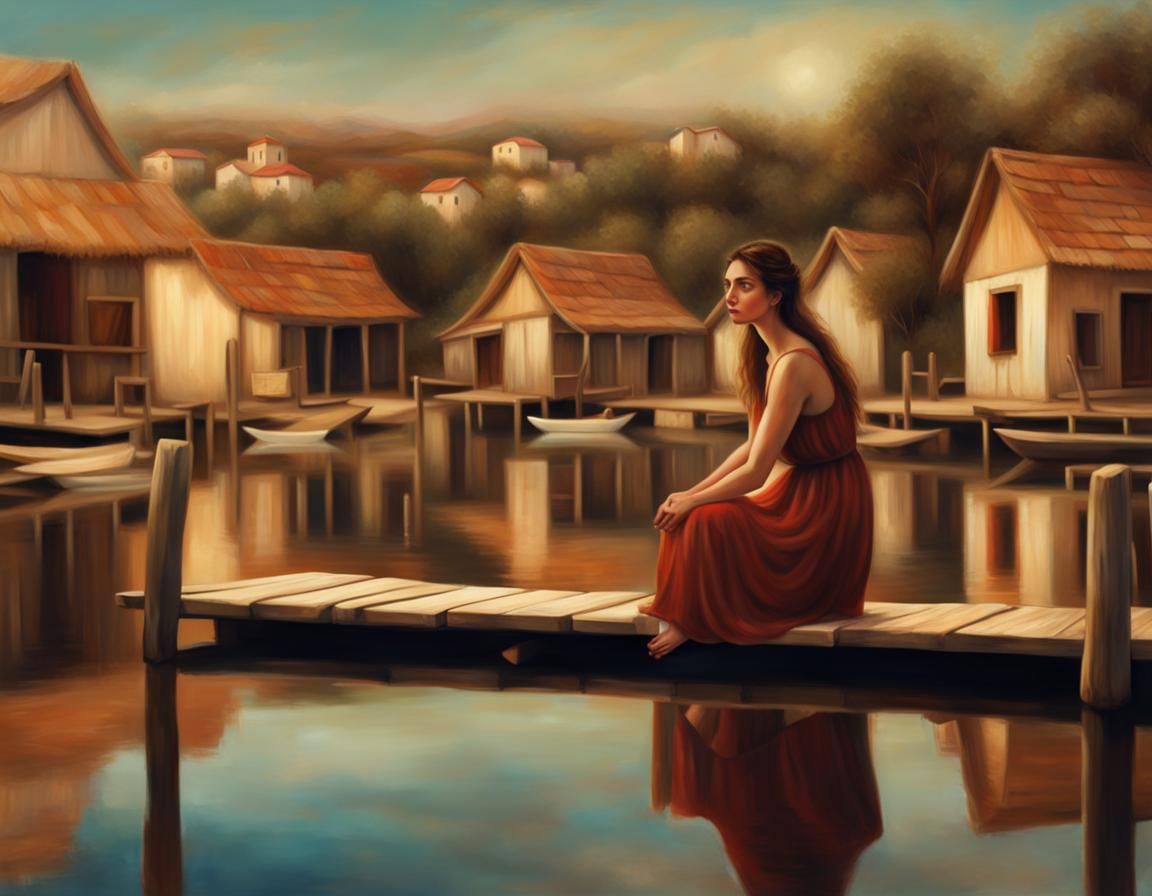greek heroine sitting on a dock of a wooden lake village, photoillustration panorama Australian tonalism primitivism