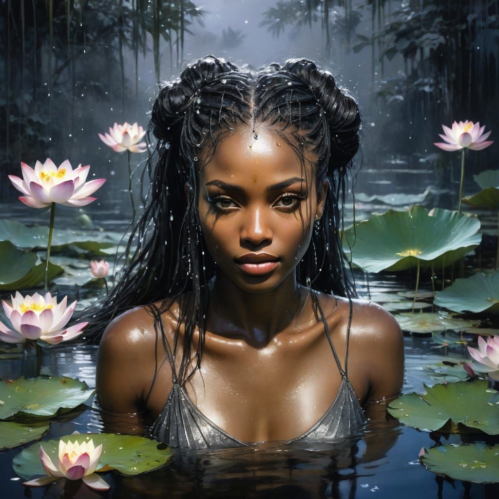 Watercolor Black Woman in Lotus Pool Bathed in Moonlight