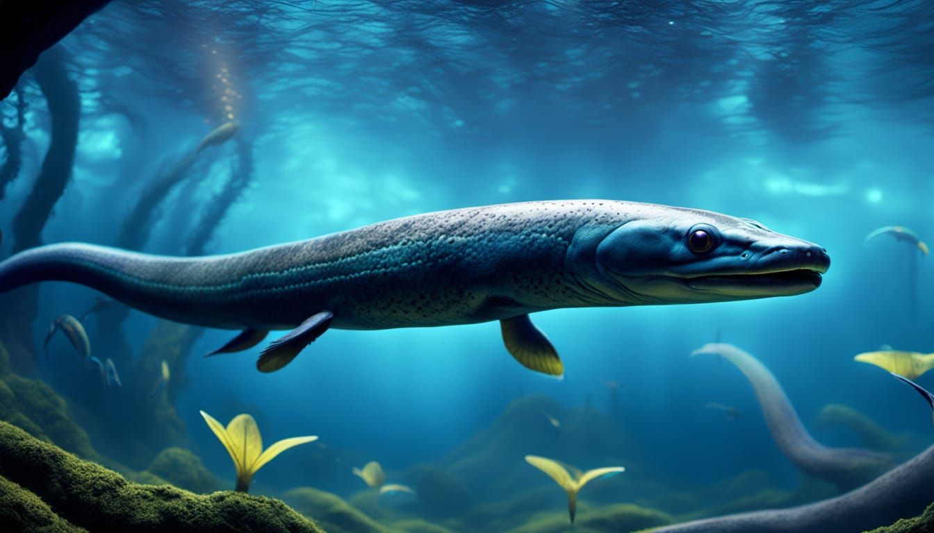 Flying Electric Eels in Bioluminescent Sci-Fi Sky