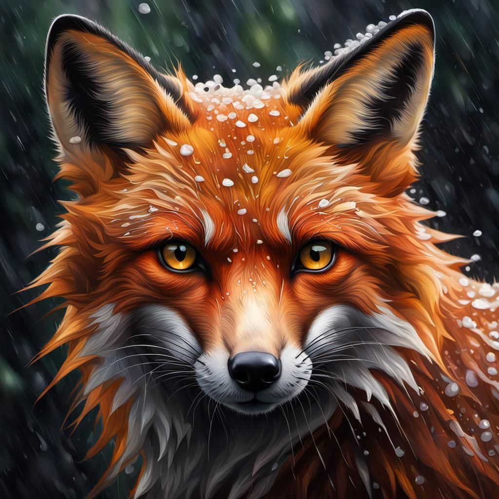 Red Fox Portrait in Stormy Rainforest