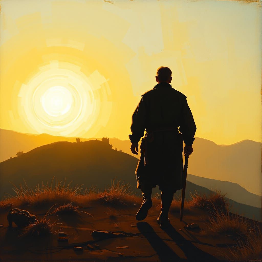Renaissance Man Silhouette at Sunset in Oil Painting