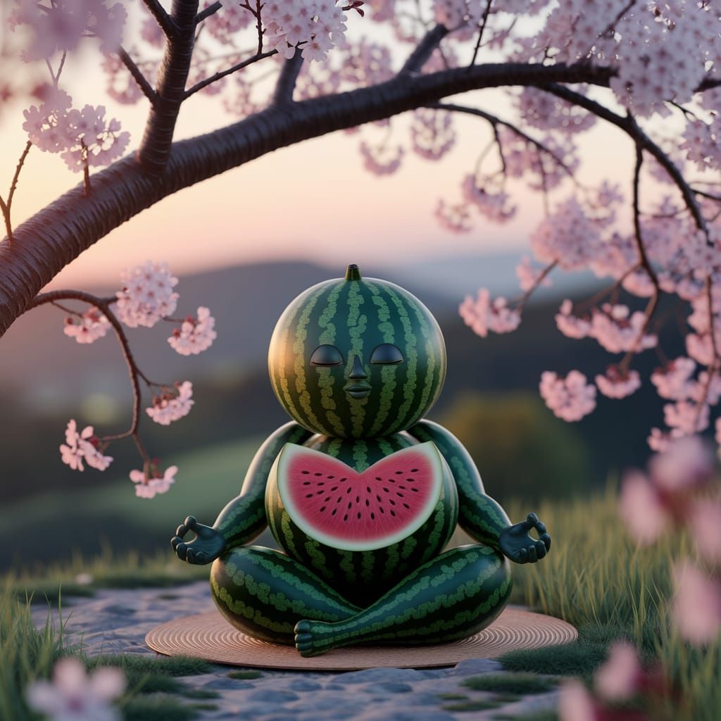 Meditating Watermelon Person Under Cherry Blossoms