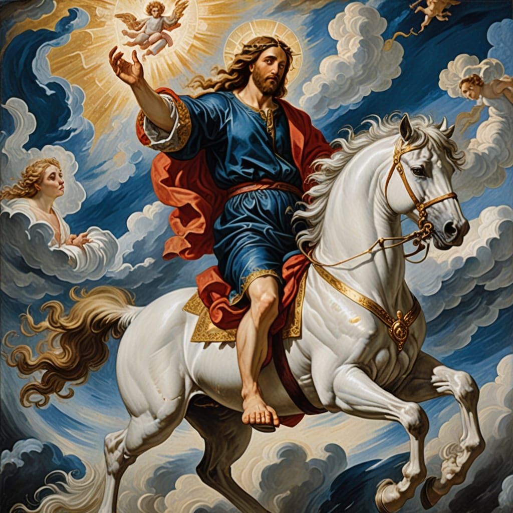 Jesus in Majestic Renaissance Style, Riding a White Stallion
