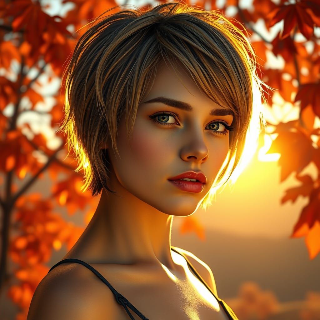 A woman with a striking pixie bob haircut stands confidently against a backdrop of golden hour sunlight filtering throug...