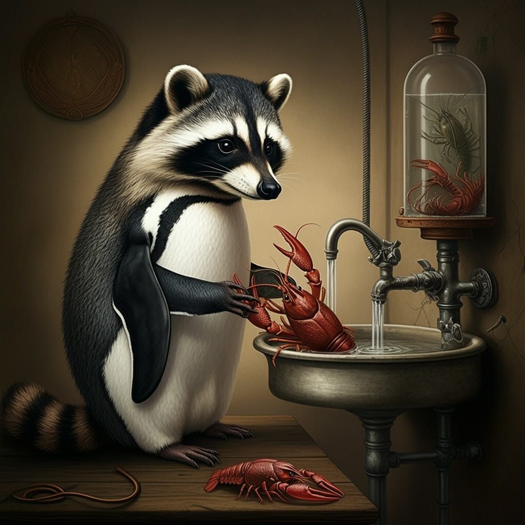 Victorian Penguin-Raccoon Hybrid Washes Crayfish: Audubon St...