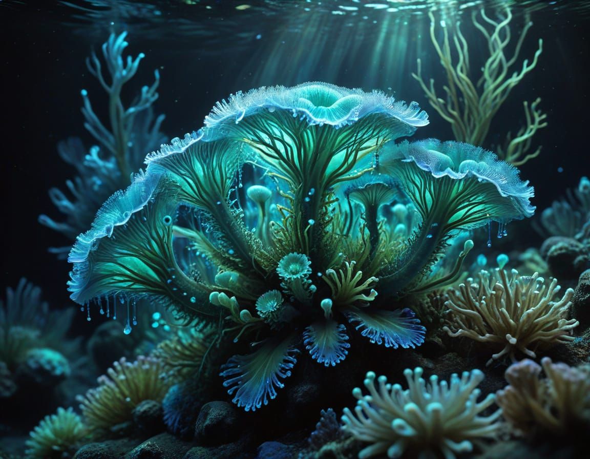 Glowing Tubularia Cluster in Iridescent Blues and Greens