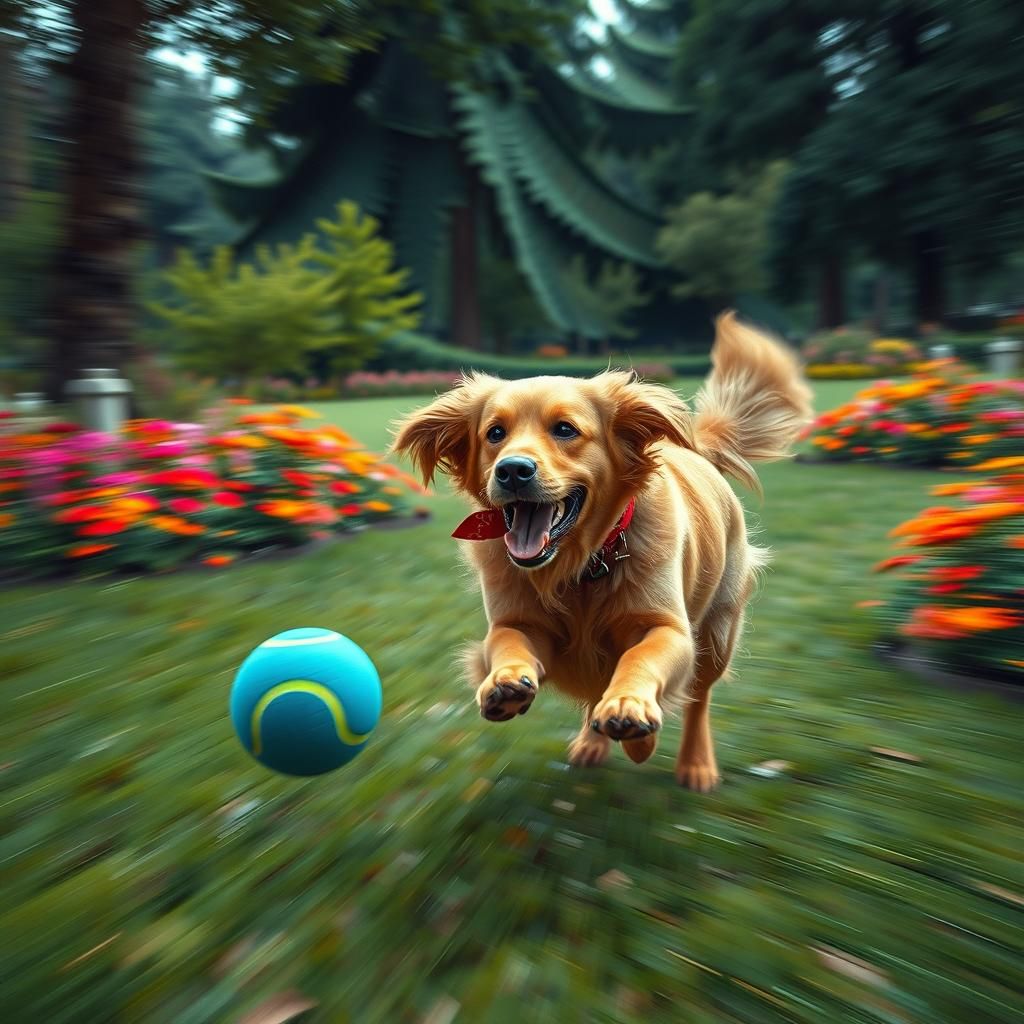 Golden Retriever Chasing Ball in Fantasy Landscape
