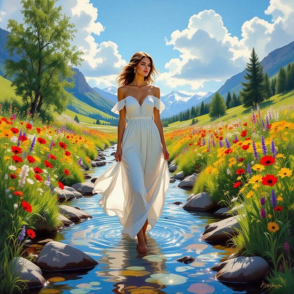 Woman in Sunlit River Valley with Wildflowers