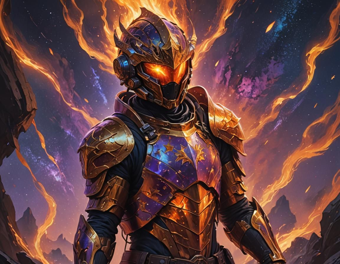 Helmeted Figure Amidst Stars and Flames