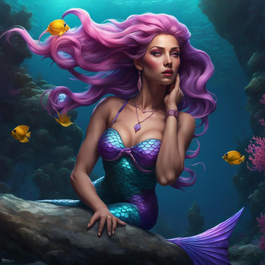 Underwater Mermaid in Pin-Up Style, Detailed Portrait