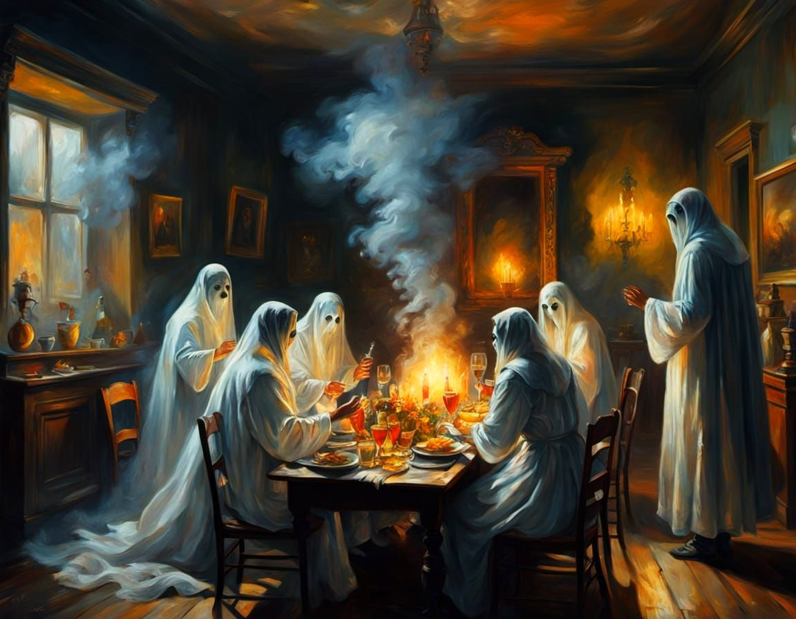 Ghosts Celebrate New Year's Eve in Dramatic Oil Painting