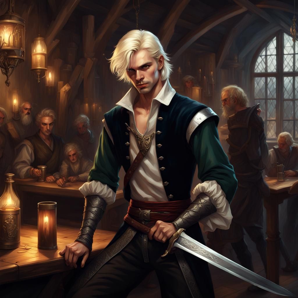 Young Swordsman in Tavern: Dark Fantasy Concept Art