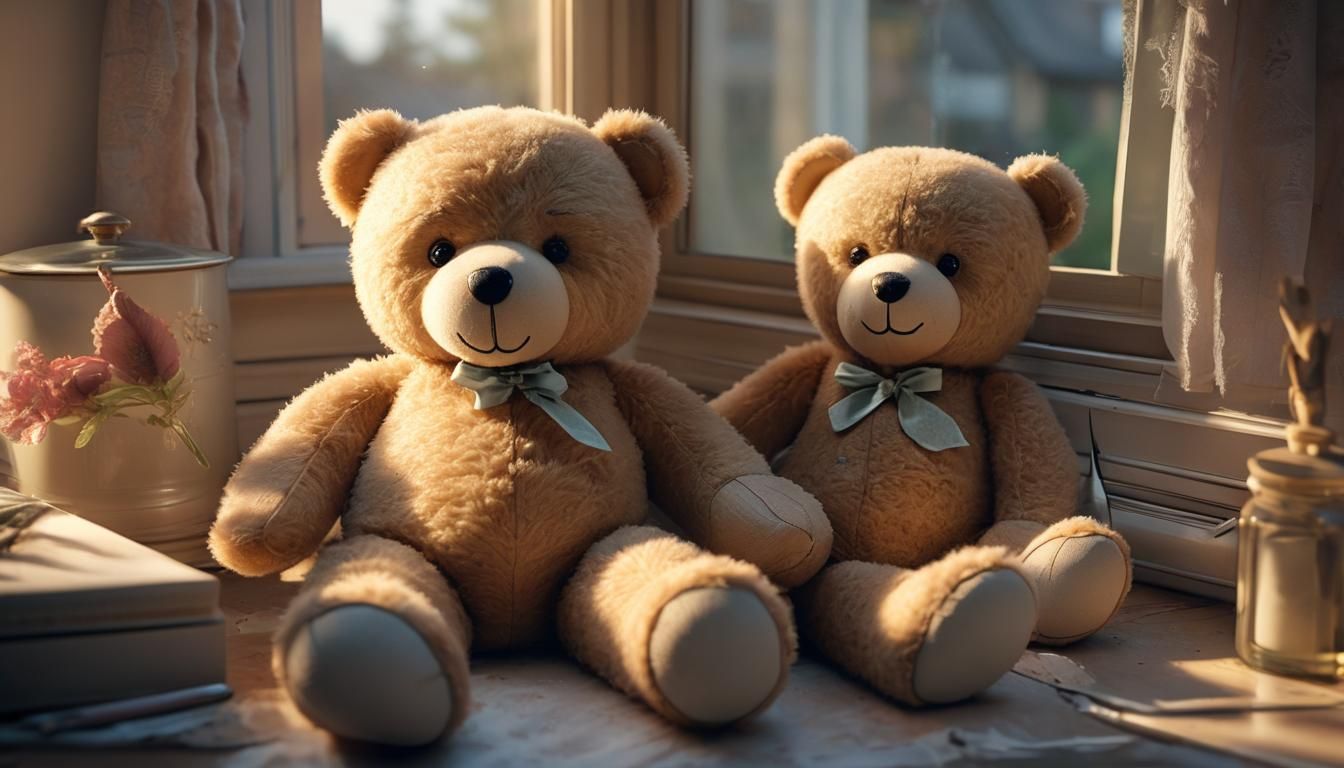 Vivid digital art. Medium shot. A worn out teddy bear with o...