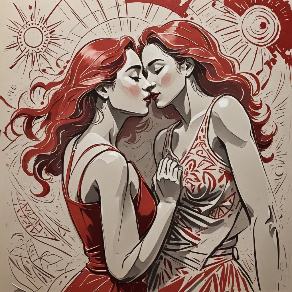 Carmine and White Kissing Women: A Joyful Masterpiece