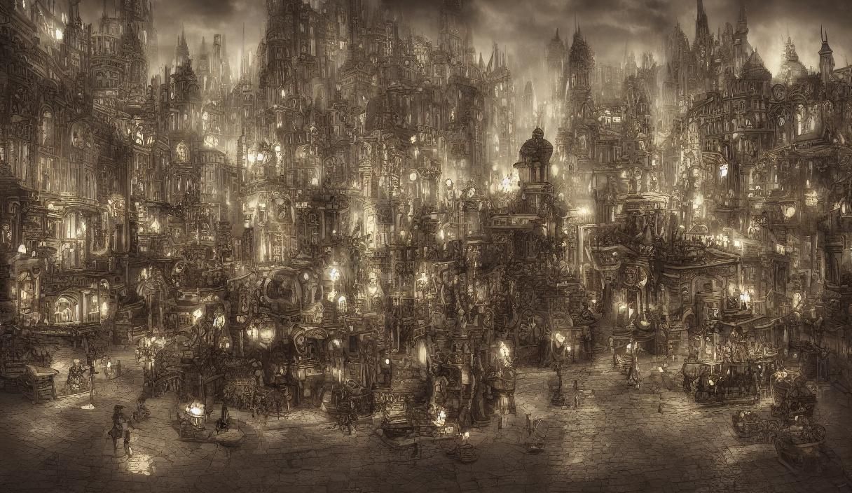 Steampunk Goblin City Plaza with Fountain