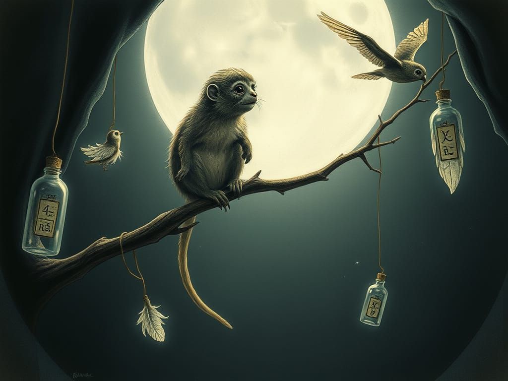 Surreal Marmoset in Moonlit Chamber