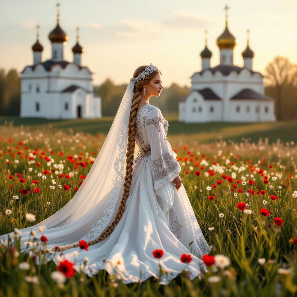 Slavic Princess in Flowery Meadow with Orthodox Monastery
